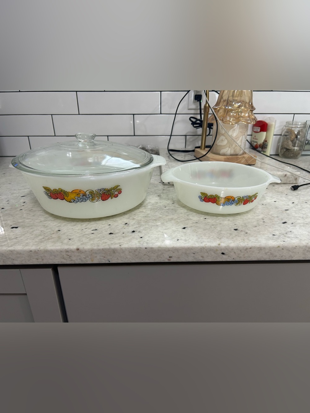 Vintage Anchor Hocking White Casserole Dishes (Fruit Harvest)